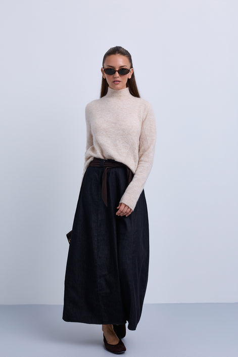 Denim Aline Skirt with Corduroy Tie Belt