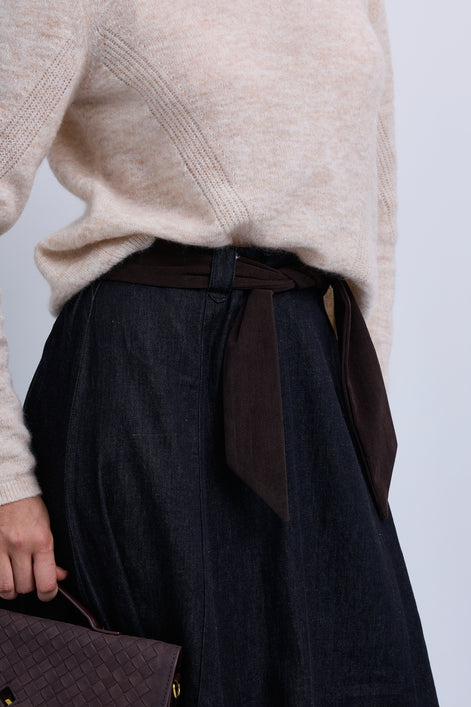 Denim Aline Skirt with Corduroy Tie Belt