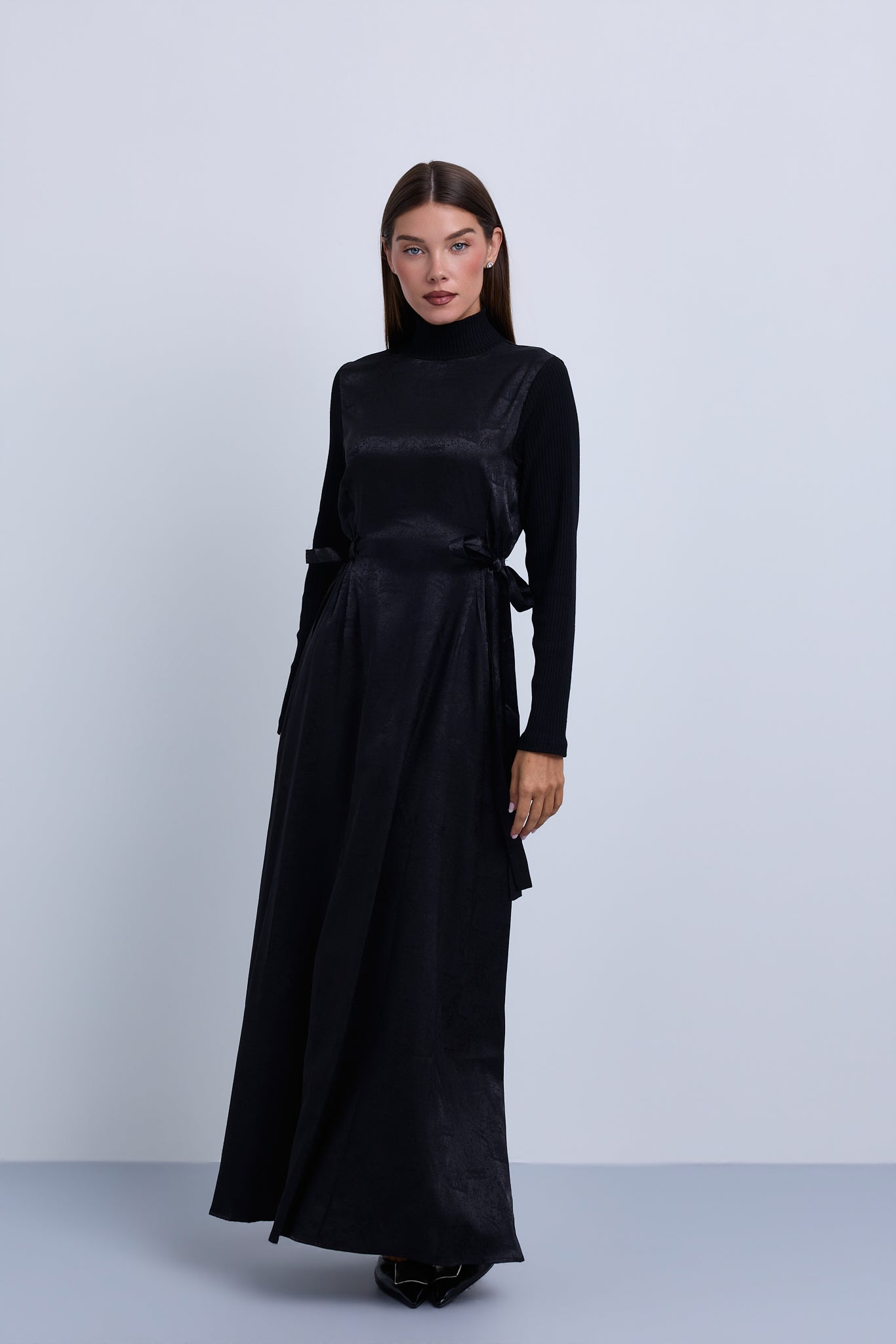 Jacquard Knit Combination Dress with Side Ties
