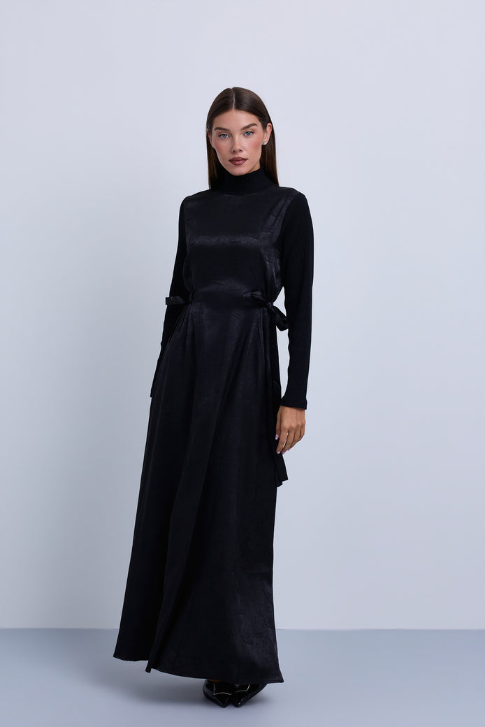 Jacquard Knit Combination Dress with Side Ties