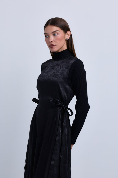 Jacquard Knit Combination Dress with Side Ties