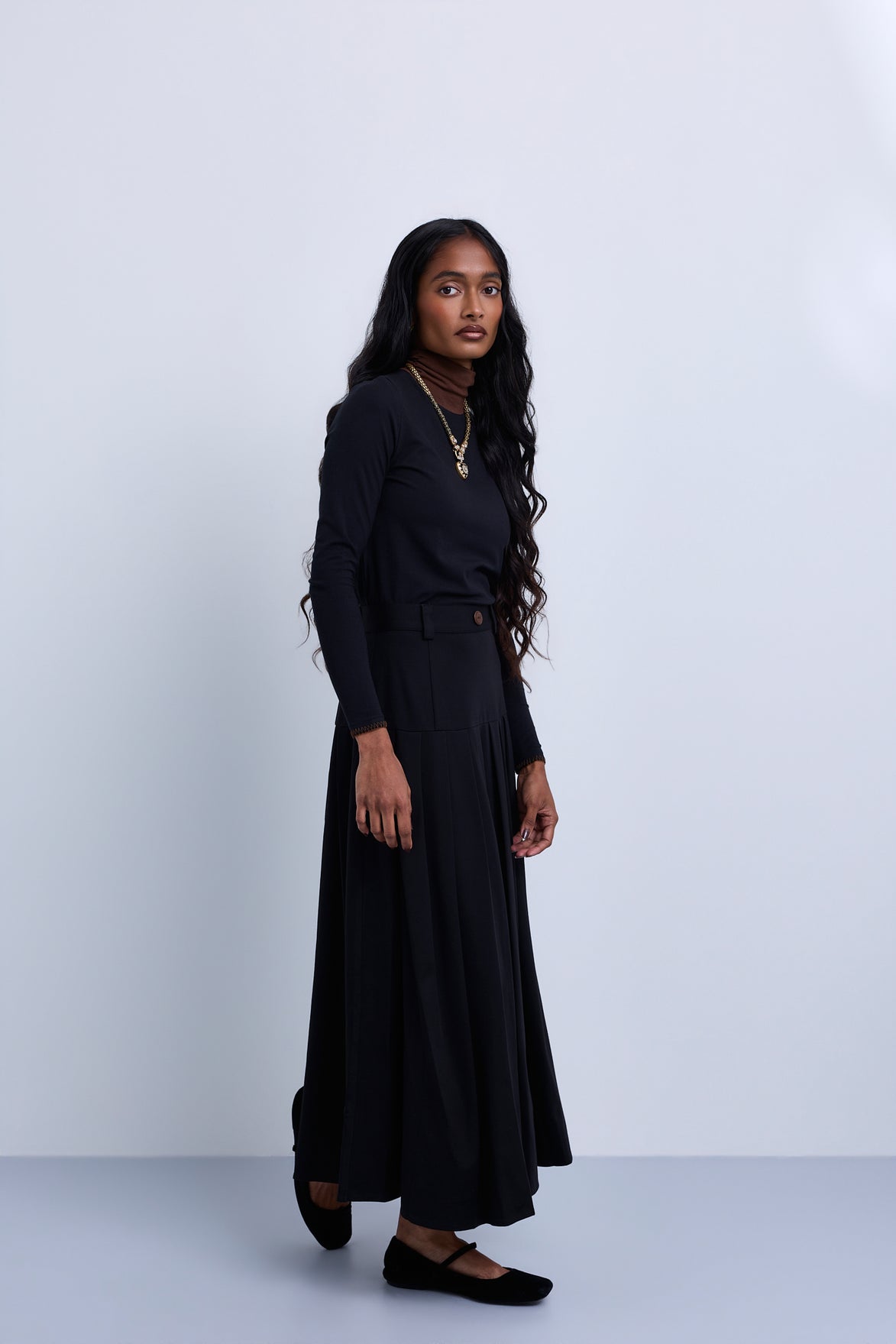Dropped Yoke Pleated Skirt with Contrast Belt Loop Detail