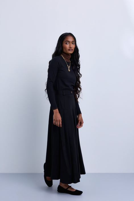 Dropped Yoke Pleated Skirt with Contrast Belt Loop Detail