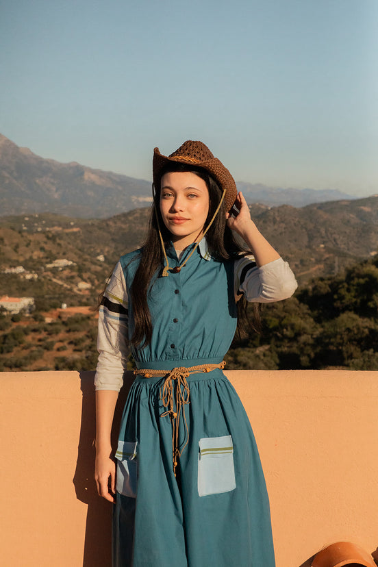 Midi Sleeveless Dress with Ribbed Collar and Pocket