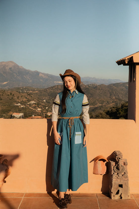 Midi Sleeveless Dress with Ribbed Collar and Pocket