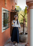 Denim Skirt with Contrast Blue Waistband