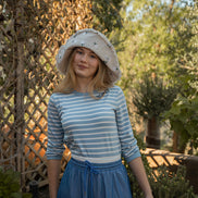3/4 Length Sleeve Striped T-shirt with Neckline Embroidery