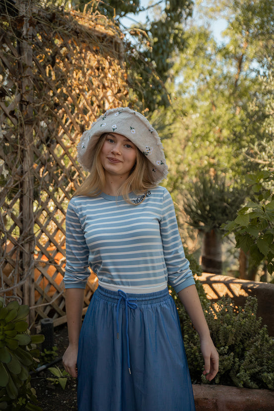 3/4 Length Sleeve Striped T-shirt with Neckline Embroidery