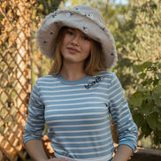 3/4 Length Sleeve Striped T-shirt with Neckline Embroidery