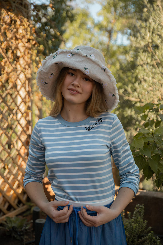 3/4 Length Sleeve Striped T-shirt with Neckline Embroidery