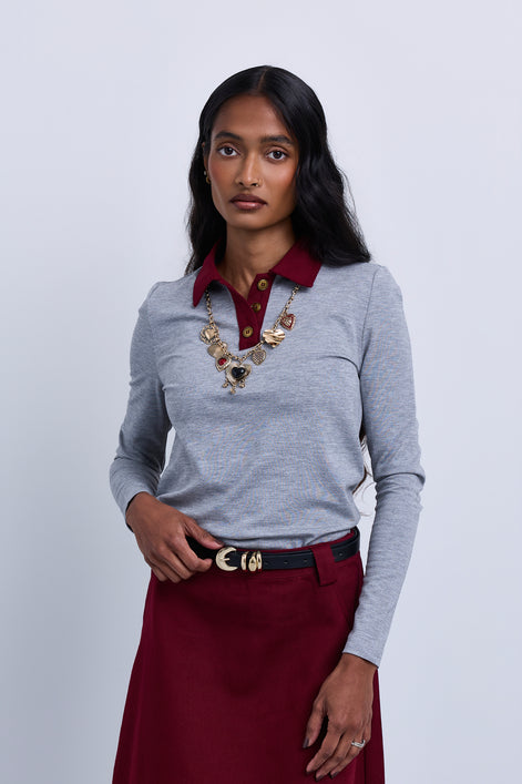 Long-sleeve knit polo with contrast collar