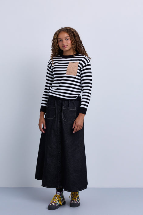 Front button panel denim skirt  with front patch pocket and subtle gathering