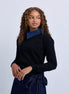 denim collar jersey knit top with assymetric side opening