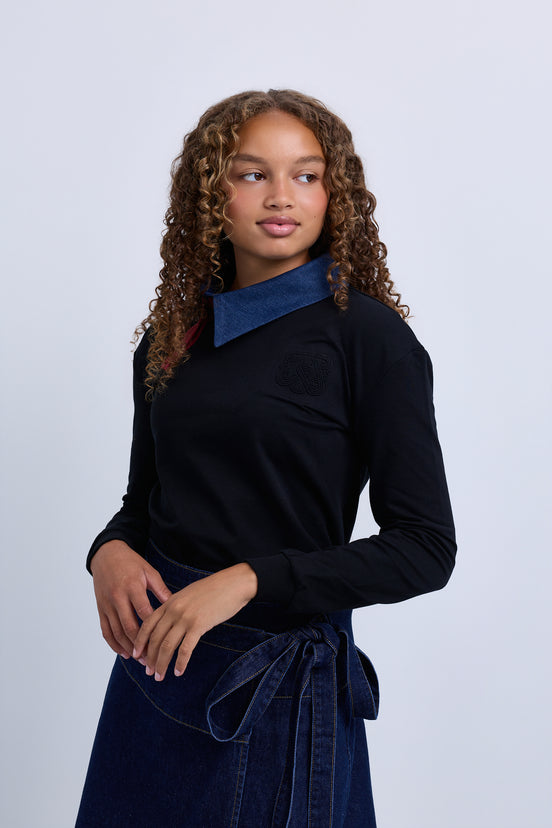 denim collar jersey knit top with asymetric side opening