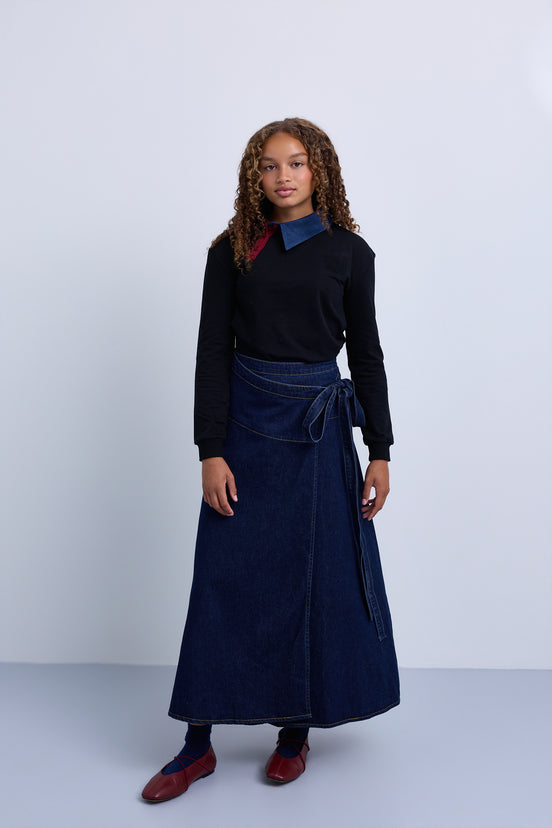 Wrap-Style Denim Maxi Skirt