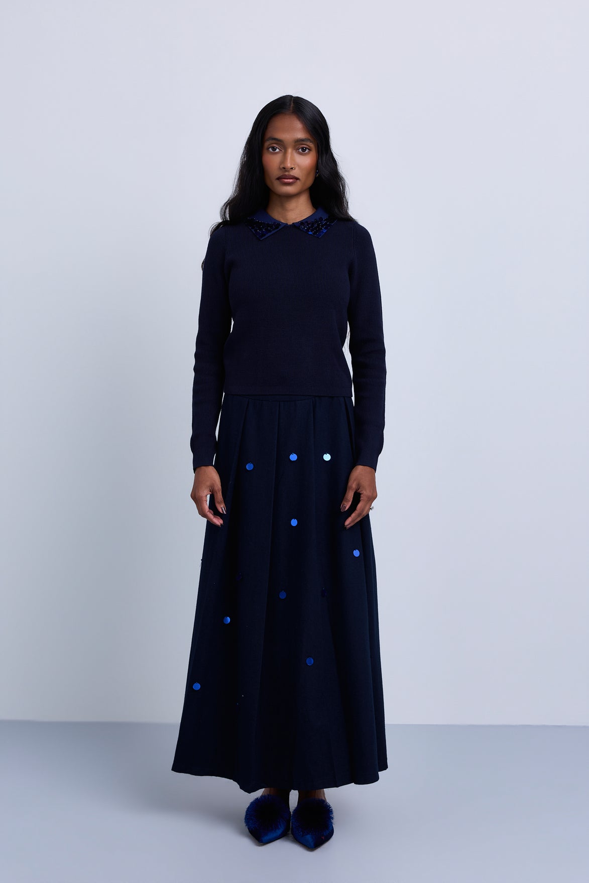 Wide Knife Pleat Skirt with Sequin Decor