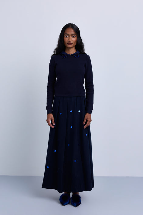 Wide Knife Pleat Skirt with Sequin Decor