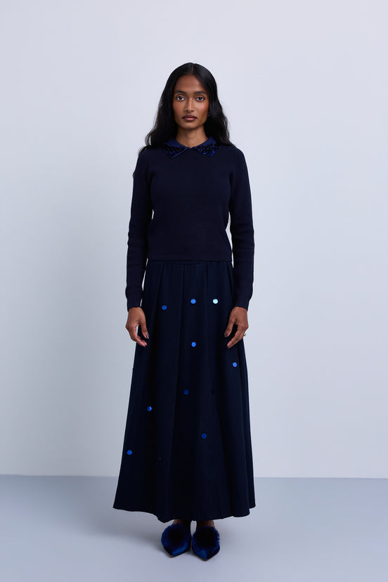 Wide Knife Pleat Skirt with Sequin Decor