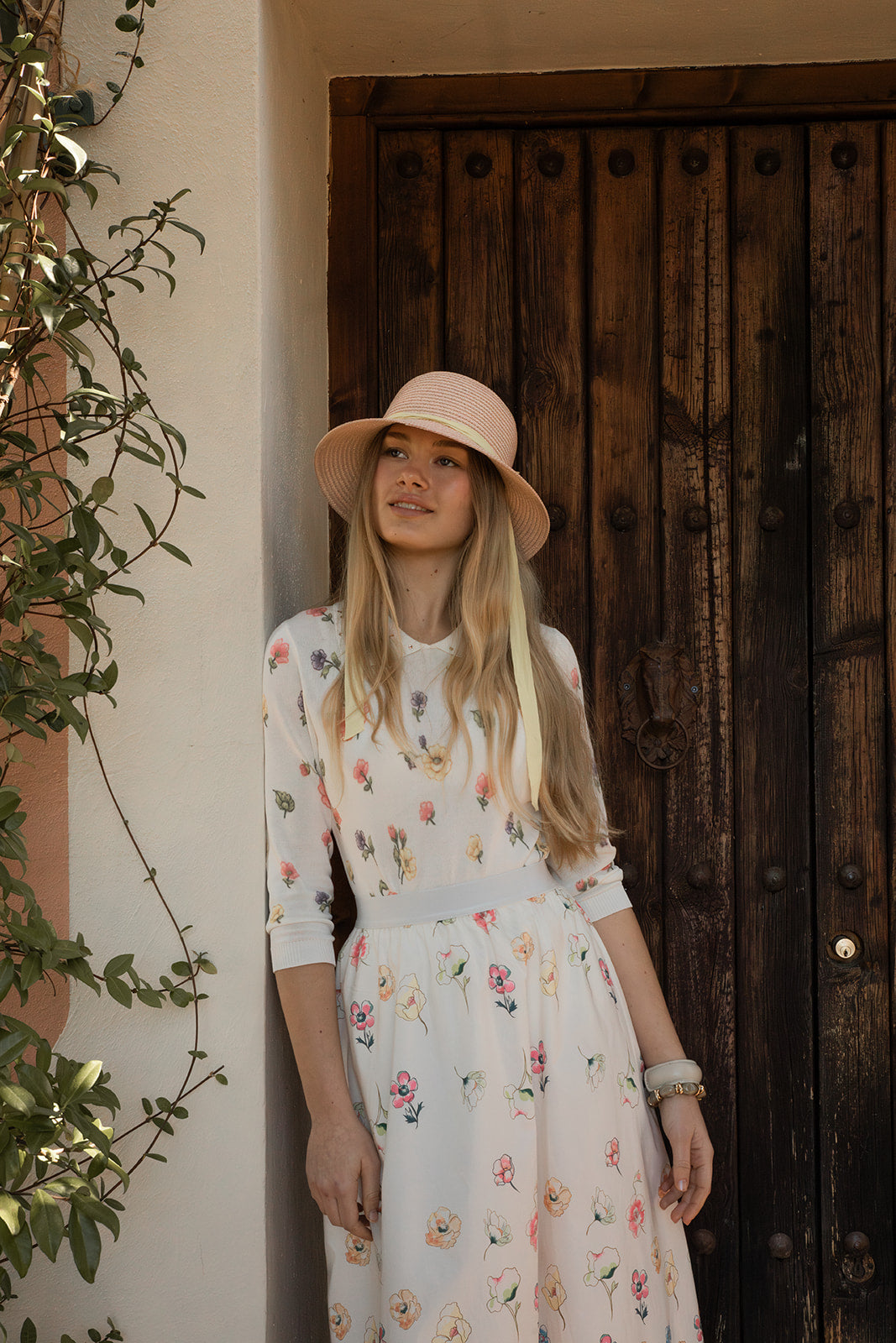 Fine Knit Floral Print Top with Embellished Collar