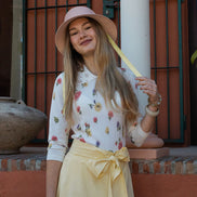 Fine Knit Floral Print Top with Embellished Collar