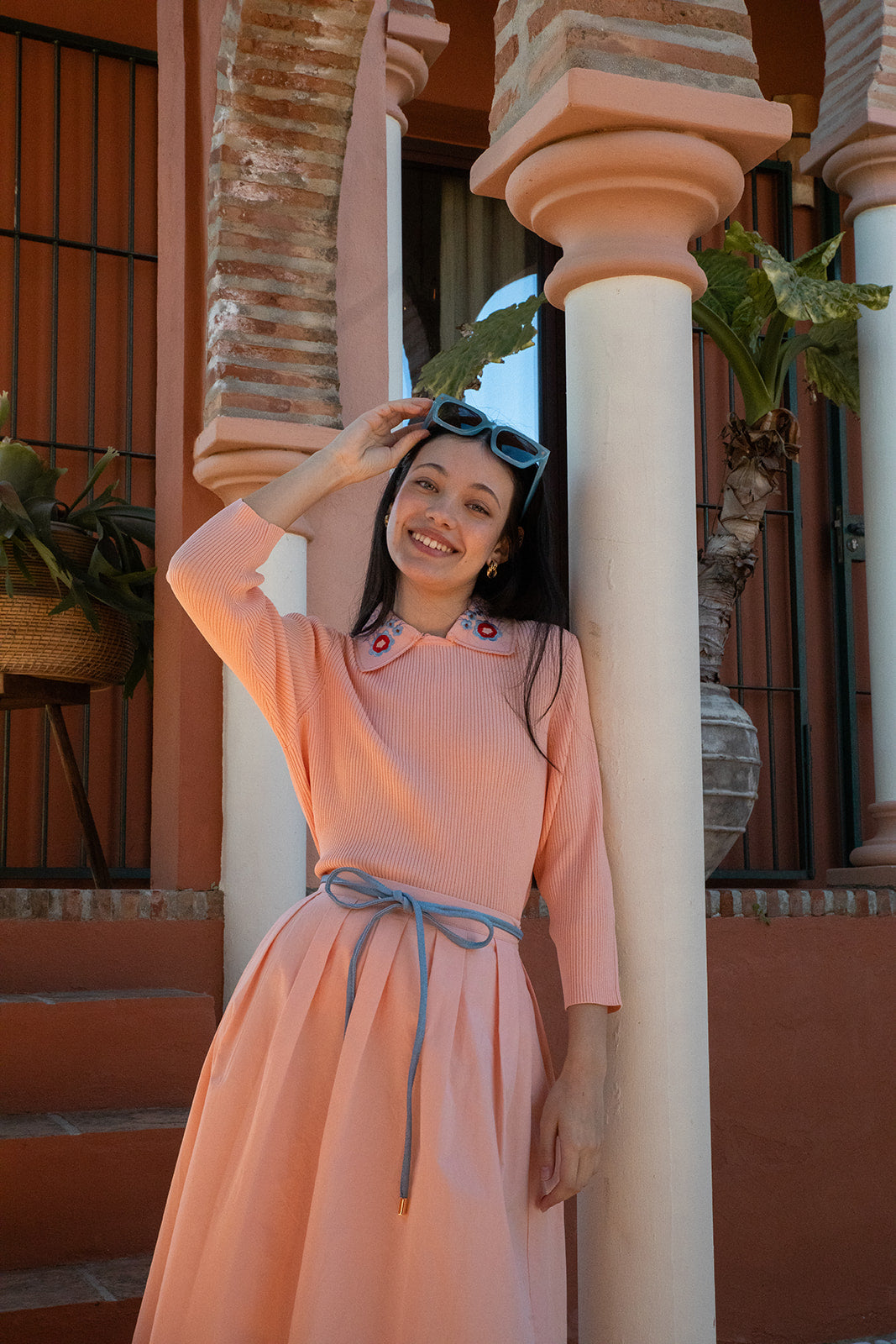 3/4 Sleeve Knit Top with Embroidered Detachable Collar