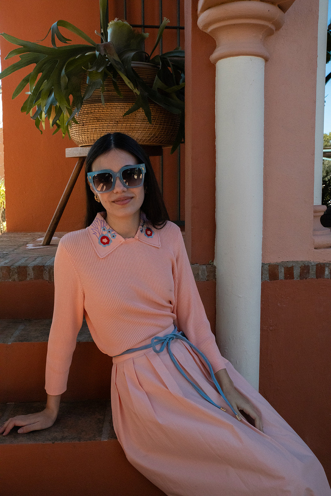 3/4 Sleeve Knit Top with Embroidered Detachable Collar