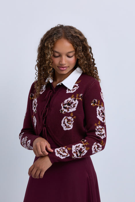 Embroidered Tie-Front Knit Cardigan