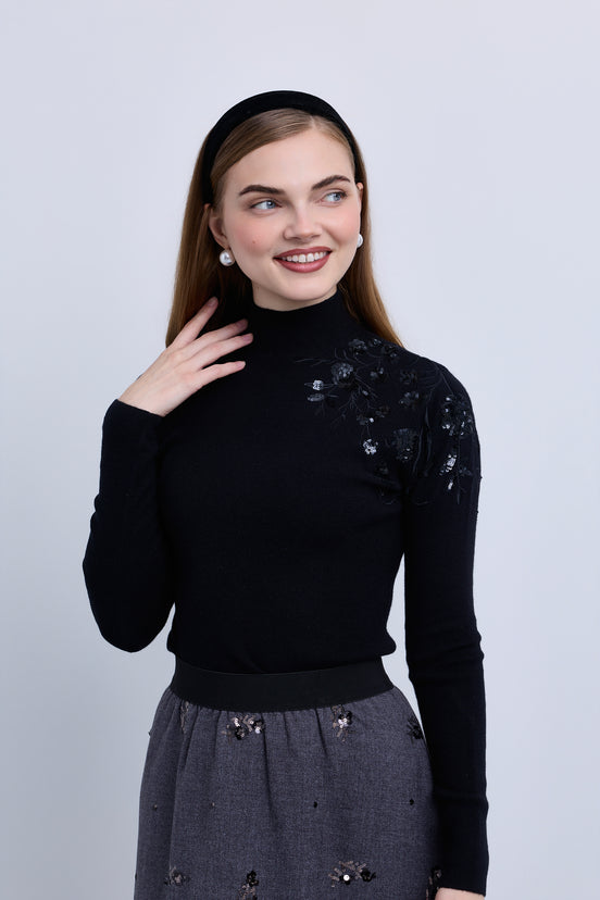 Embellished High Neck Knit Top