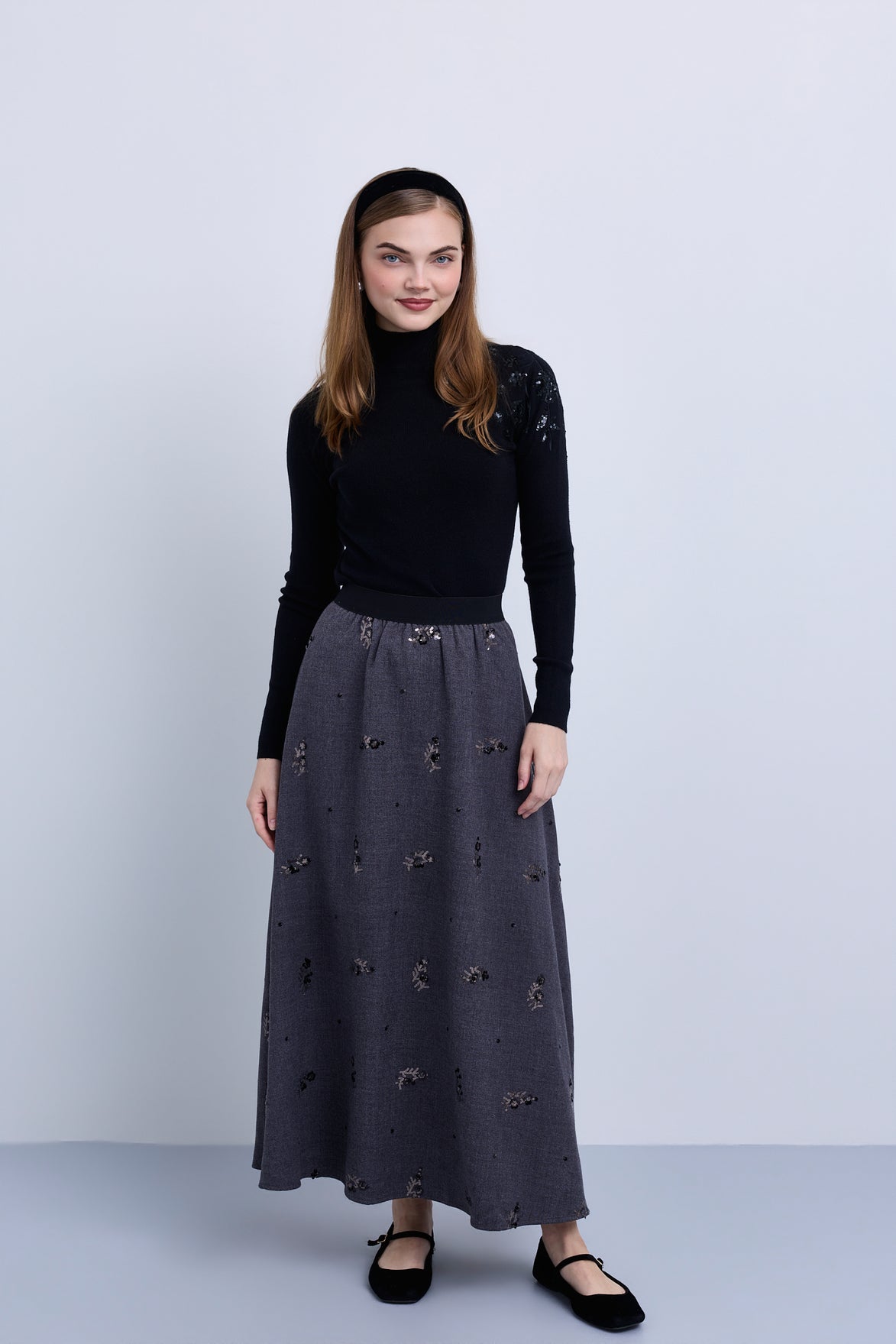Embellished A-Line Midi Skirt
