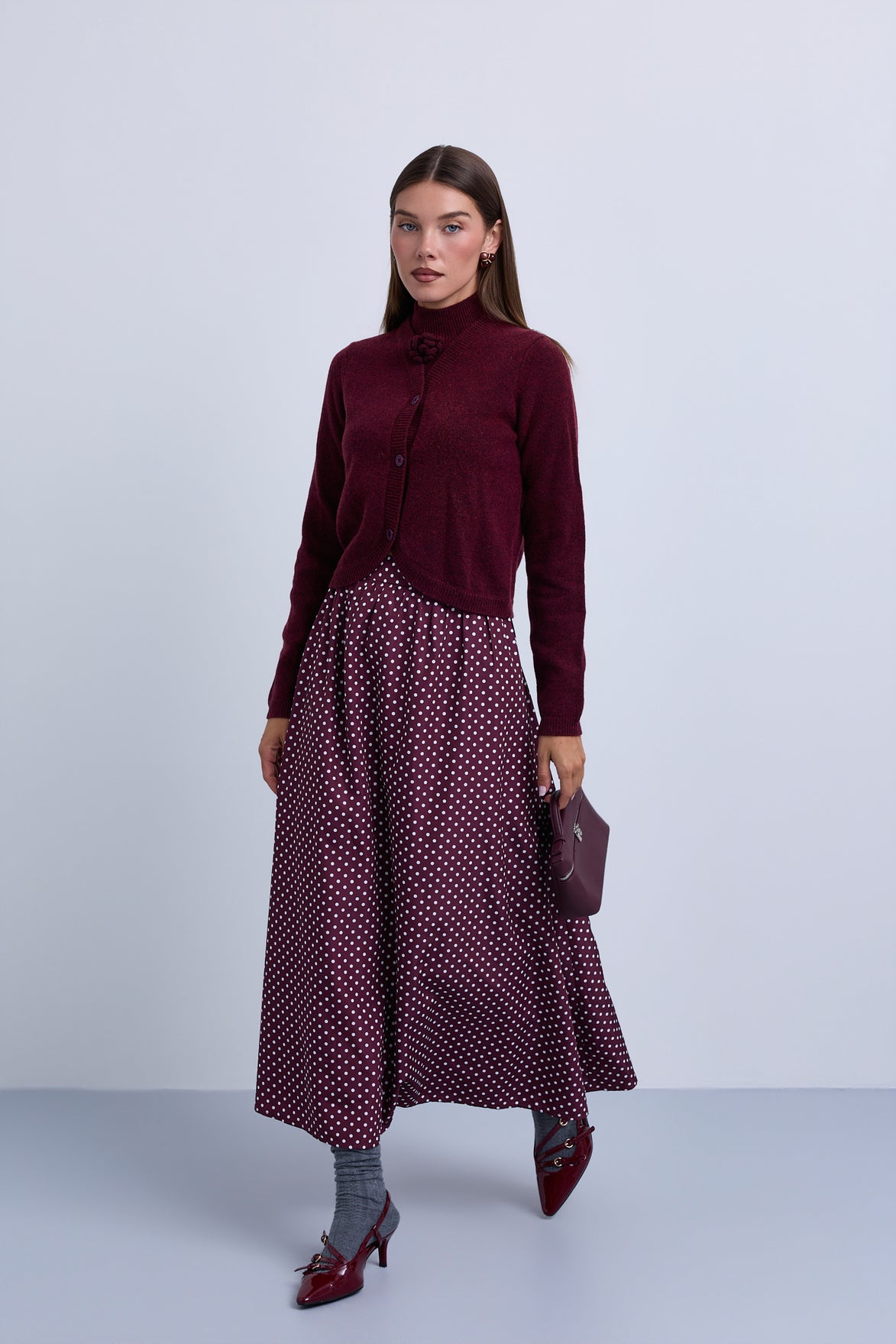 Polka dot subtly gathered waist skirt