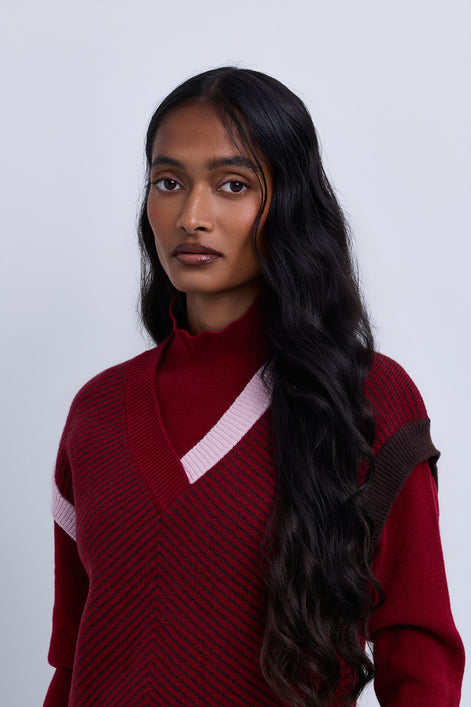 Asymmetric Contrast Neck Knit Top