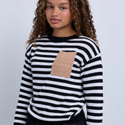 Striped Knit Top with Contrast Pocket