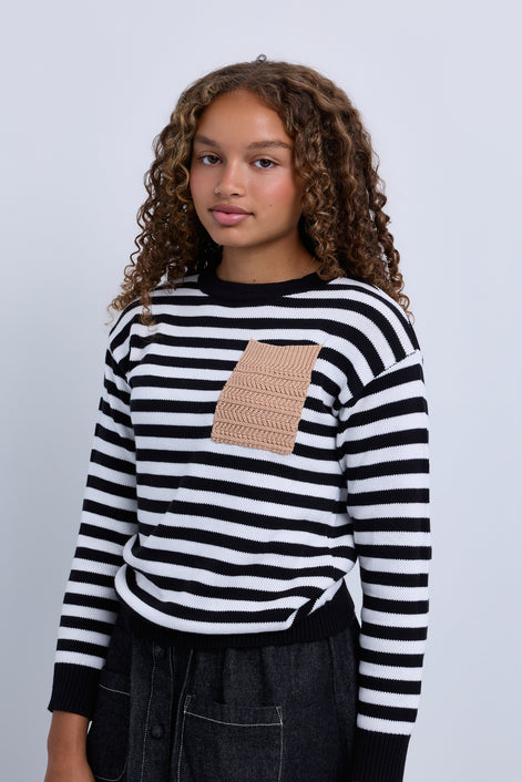 Striped Knit Top with Contrast Pocket