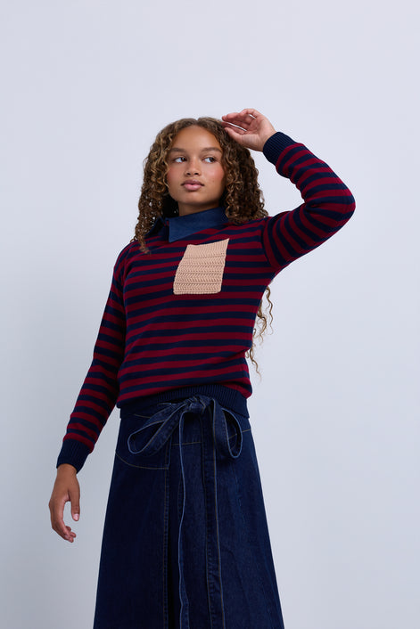 Striped Knit Top with Contrast Pocket