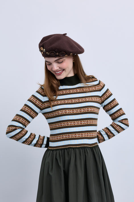 Striped Knit Midi Dress with Pleated Skirt