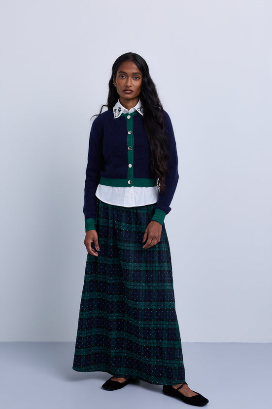 Plaid studded midi skirt