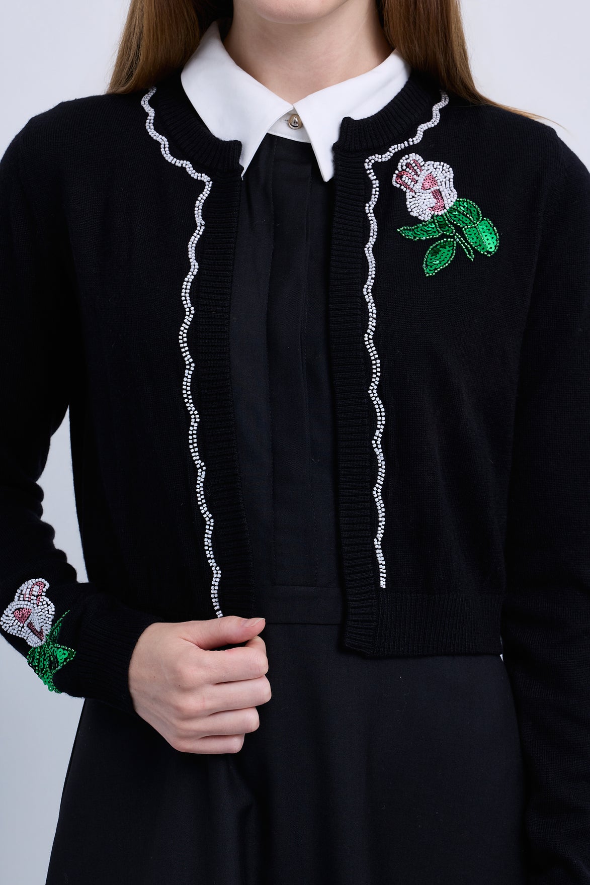 Floral Embellished Contrast Trim Cardigan