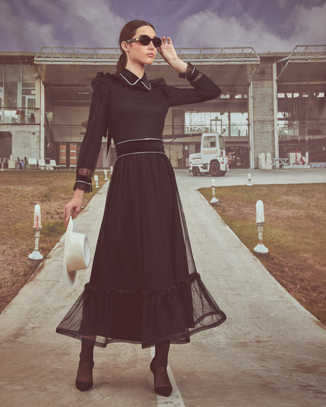 Black Tulle Gown with Velvet Accents and beaded detail