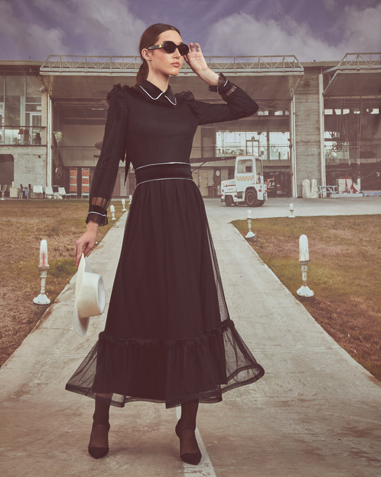 Black Tulle Gown with Velvet Accents and beaded detail
