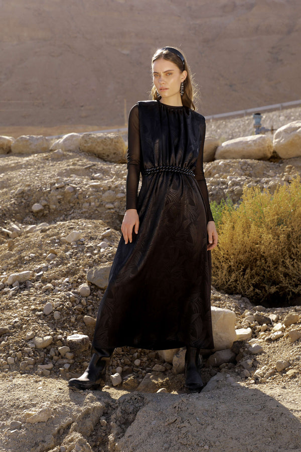 Burnout Print Sleeveless Dress with Chain Belt