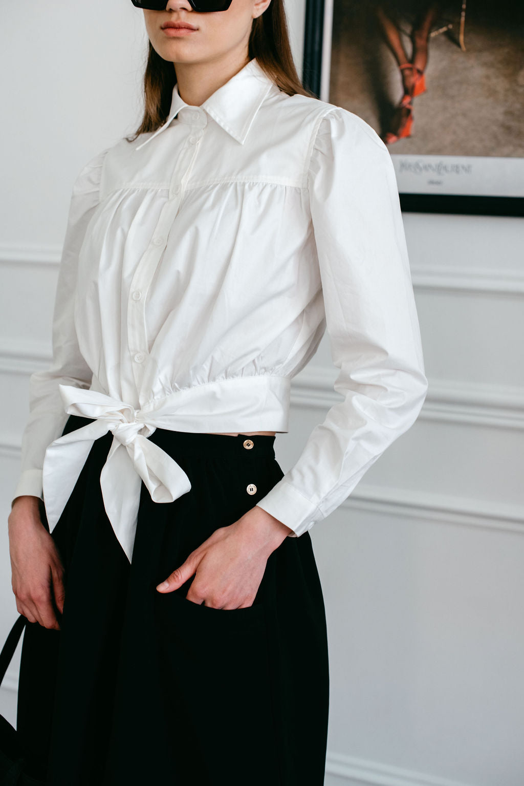 Button Down Blouse with Wide Bow Waistband